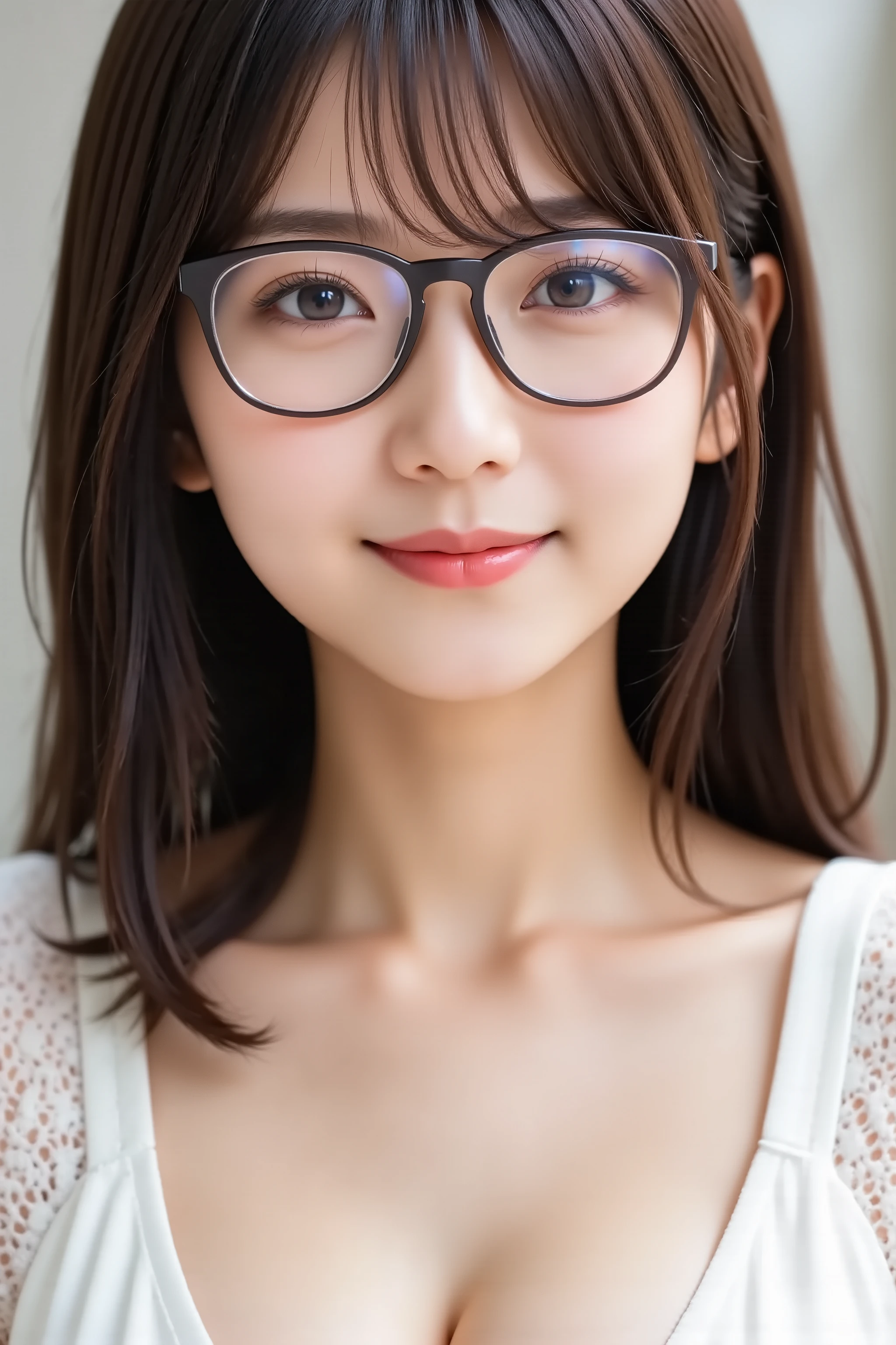 The face is positioned exactly in the center of the image , 's entire head is fully reflected , The entire face and head are clearly visible, bungs, smile, Young and cute Japanese faces , Hi-Res CG Unity 8K Wallpaper, in white for summer very detailed, Film Grain , White and Red Lens Flare Sparkle , top quality ,8k, viewer , masterpiece , top quality , in white for summer very detailed , cute , external background , in white for summer very detailedな , Detailed Features , beautiful , beautiful Japanese woman, Female 1