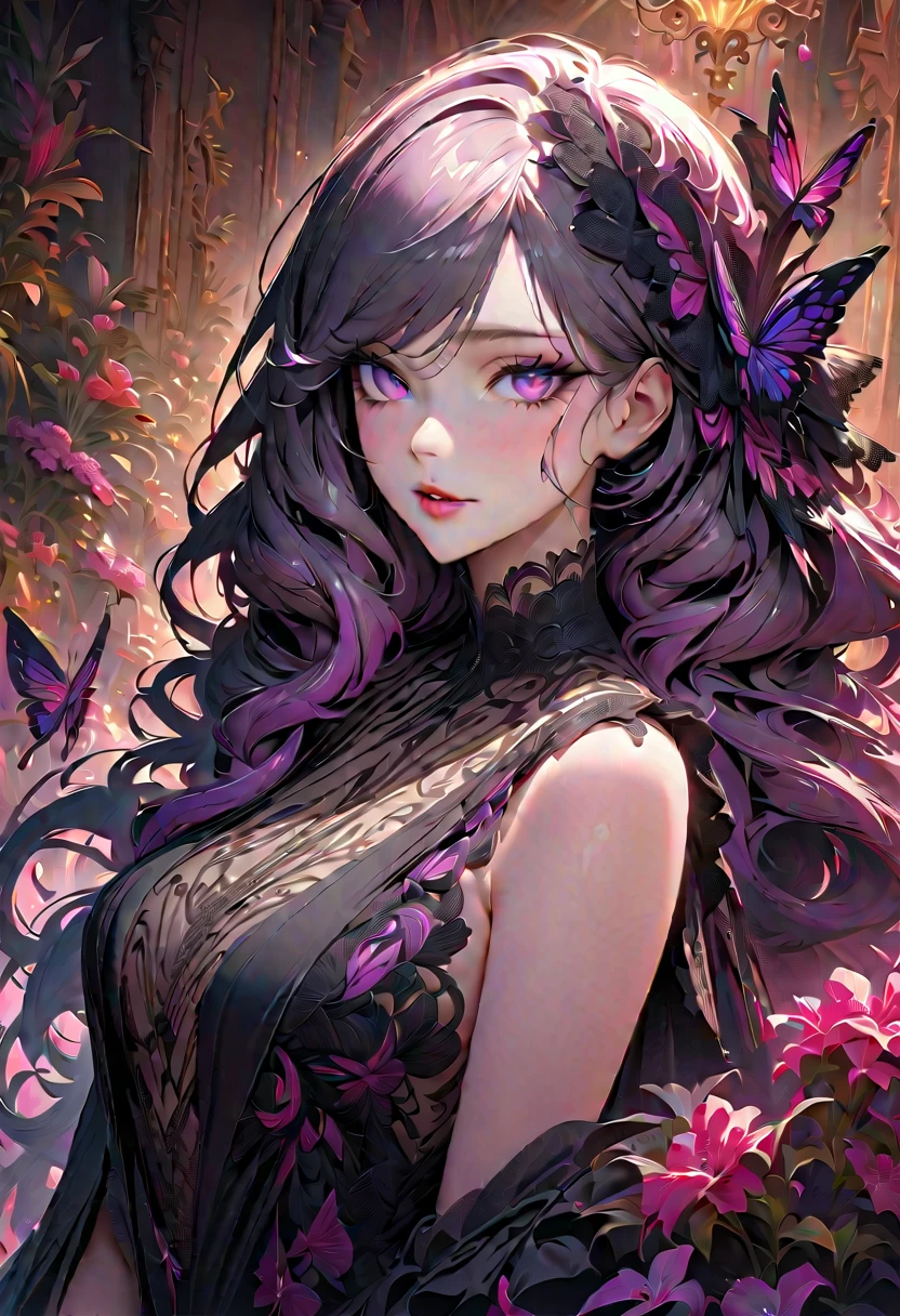Masterpiece, best quality, best illustration, HDR, beautiful details, intricate details, detailed scenery, dramatic light, best shadow. (tall trees, tranquil streams), (surrounded by small glowing mushrooms), (glowing fireflies), (natural elements), (jungle theme), (twigs and butterflies, delicate leaves), (glow), (particle effects), break Shinobu Kocho, purple hair, long hair with black highlights, purple eyes, parted pink lips, fangs, blush, (beautiful and detailed face with perfect symmetry), bright butterflies landed on her elegant clothes, (body with anatomy perfect, perfect natural texture, high details, glowing skin), cinematic lighting, vivid colors, extremely detailed illustration, depth of field.