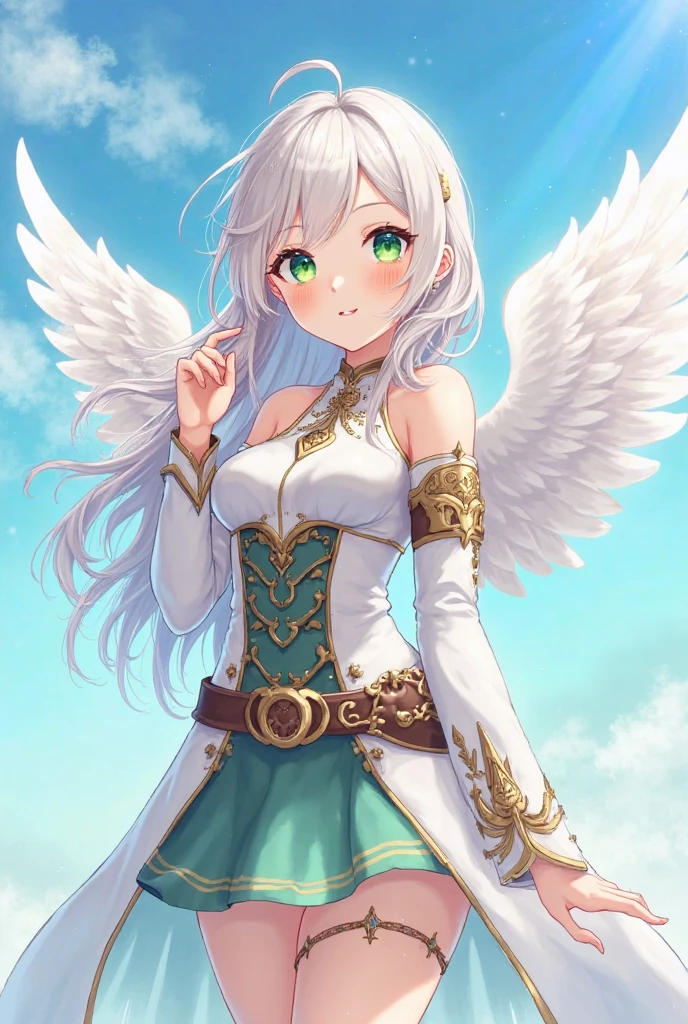 beautiful illustrations, highest quality, pretty girl,美girl、clear face、 half girl、pastel colour 、blush、perfect hands、five fingers、fantasy、fantasy、thighs、(perfect face:1.1), (high detail:1.1)、smile、Angel、white feathers、white wings、girl