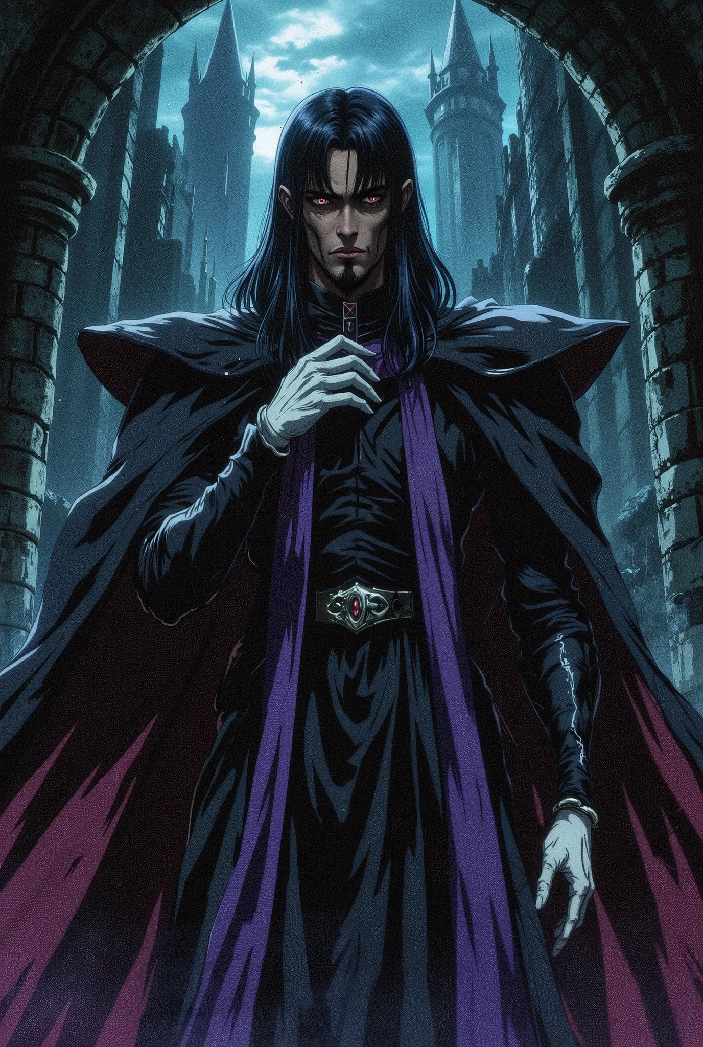 dark-skinned man, black hair cut low on the sides with long bangs covering his left eye, pointed goatee, wearing a black priest's outfit, white gloves, purple clerical stole hanging around his neck, serious, inside a Dark castle