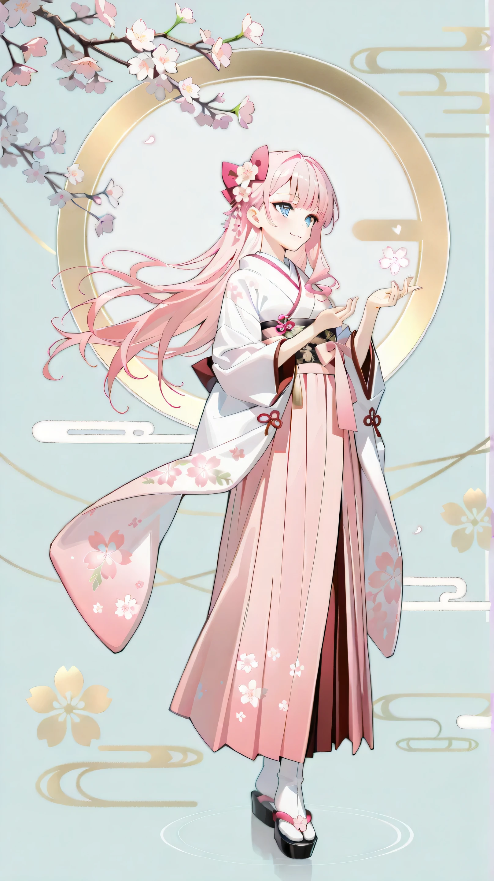 A female character wearing a traditional kimono with gold embroidery and cherry blossom patterns. The kimono has intricate details, and the character is adorned with a small hair accessory shaped like cherry blossoms. The character has a calm and mysterious expression, standing gracefully with a serene pose. The background features a dark, mystical sky with stars and floating cherry blossoms in soft pastel colors like light pink and lavender. The overall color palette includes muted tones of purple and blue, with gold and pink accents to highlight the details. A faint, soft mist adds a dreamlike atmosphere, with subtle glowing elements around the character. The cherry blossom silhouette sign appears in a few places in the design, using simple lines and shapes. The image gives off a mystical, ethereal vibe with a sophisticated and elegant touch, full body
