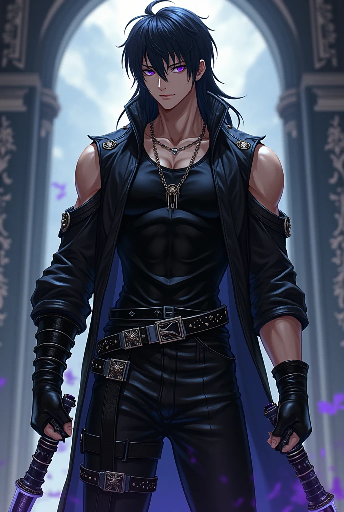 Full body image of a 17-year-old young man with dark skin, with 1,90 m tall and the power to control chains an athletic body. Ele tem cabelos blackws cacheados de dreads brancos e uma faixa turbante de baixo do cabelo, olhos blackws brilhantes. Your skin is black and black, blackw. camisa regata branca com blackw e um casaco por cima blackw com detalhes em branco e com um capuz, black pants with white seams at the knee, with chains, stylish black military boots full of belts and chains, segurando uma bastão de arame farpado blackw com branco