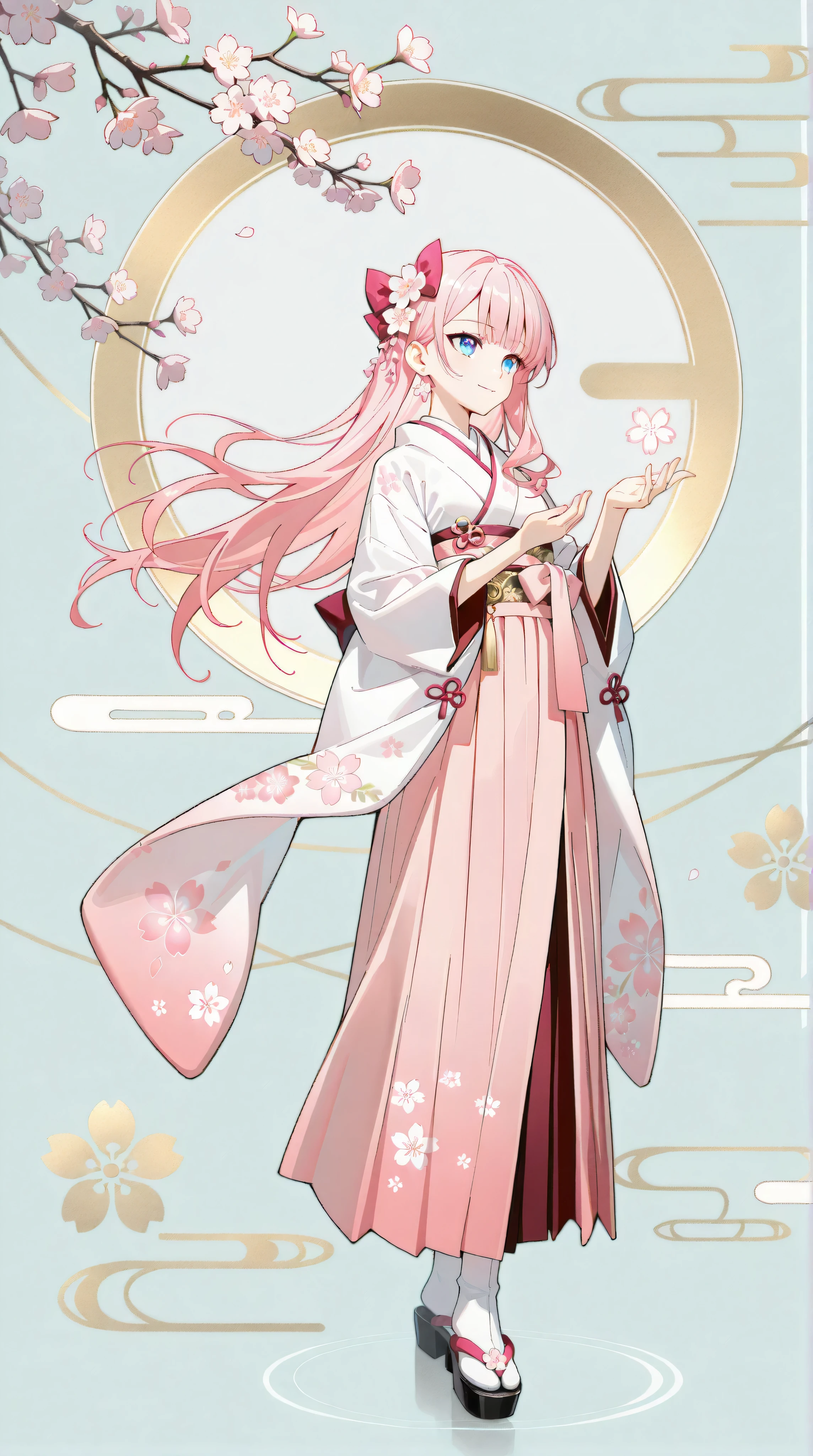 A female character wearing a traditional kimono with gold embroidery and cherry blossom patterns. The kimono has intricate details, and the character is adorned with a small hair accessory shaped like cherry blossoms. The character has a calm and mysterious expression, standing gracefully with a serene pose. The background features a dark, mystical sky with stars and floating cherry blossoms in soft pastel colors like light pink and lavender. The overall color palette includes muted tones of purple and blue, with gold and pink accents to highlight the details. A faint, soft mist adds a dreamlike atmosphere, with subtle glowing elements around the character. The cherry blossom silhouette sign appears in a few places in the design, using simple lines and shapes. The image gives off a mystical, ethereal vibe with a sophisticated and elegant touch, full body