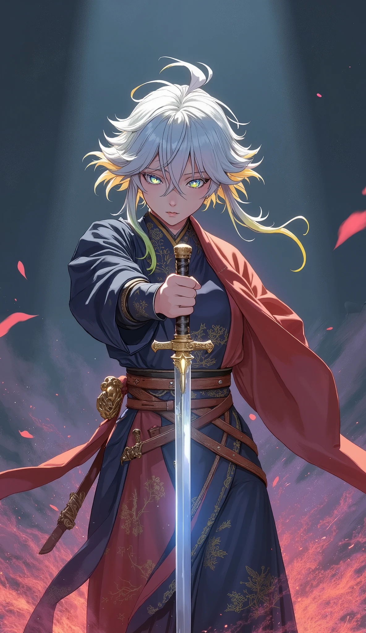 (character, Alone, Hi, Sword Drawing Technique, moment, out), sweet sugar blood type, Hollywood Style,
( name : yubu /yubu race:half human and half elf\Fast dynamic composition {x} often confused with man-beast\ Gender : female/special feminine ability : Hi、favorite fencing food : Sword Drawing Technique : type B personality : Without brutality。but、tend to appear cold, although good-natured。is generally unexpressive),
multicolored dark tone, vivid colored layer,
