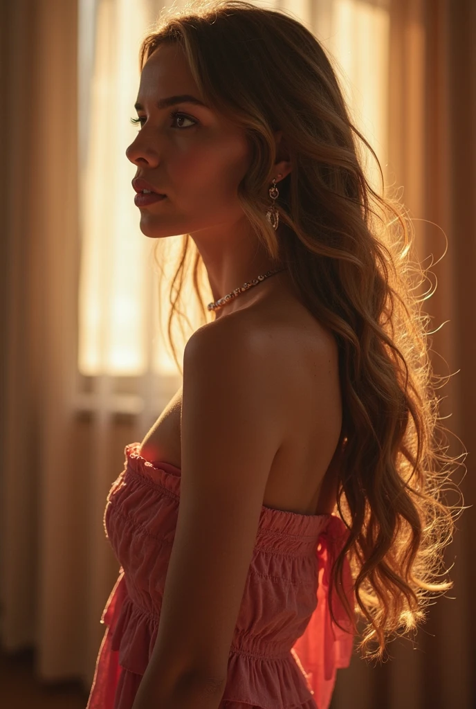 Caucasian woman, (((blonde hair))), ((curly hair)), ((long hair)), ((olive green eyes)), lined eyes, shiny eyes, highlights eyes, bright eyes, focus eyes, ((red lipstick)), ((makeup)), athletic body, small breasts, nipples, ((legs)), ((pink dress summer)), low-cut dress, bracelets, standing, ((high key)), ((bright white background)), ((white light)), photo shot, (In a luxurious mansión), back, buttocks, ass, back view, shot from behind.