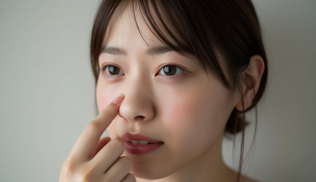 (((Ultra-high resolution、Close-up、Cute Japanese Woman)))、Long, straight black hair frames her face、So that every single hair is clearly visible、Depicts subtle color changes depending on the amount of light hitting the subject、The skin is white and smooth、Has a natural glow、Fine skin texture、Representing the fine details of pores、amountや頬に薄い赤みがある部分を詳細に、The eyes are almond-shaped and dark brown.、Fine details of the iris、Depicts color gradations and patterns、Long, natural-looking eyelashes, each and every one visible、Well-groomed eyebrows、indivual々The hair is clearly visible、Light reflects off into the eyes、Create small highlights、noseは繊細で、nose孔の細かいディテールがある、Lips are plump and naturally pink、Depicts the fine lines and soft curves of the lips、Shiny、Accentuate the shape、Detailed depiction of lip texture、Particular attention to the depiction of light and shadow、Soft natural light gently illuminates the face from the front、amount、nose、Creates a subtle glow on the cheeks、Shadows are cast softly along the contours of the face、cheekbone、Jaw Curve、noseの側面を強調、The gloss of her lips reflects the light faintly.、Emphasizes plump texture、The shadow of the hair adds depth and dimension.、indivual々The hair shines in the light、The background is simple and blurred.、Focus on the face、In the highest quality、Representing the utmost detail