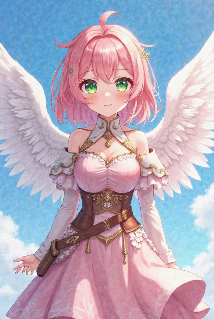 Close-up of a person in a dress with a bird on her head ,huge ,Laughing with your mouth open,Pink Short Hair,striped panties,,Magical Girl Costume,hair ornaments,Heterochromia iridis,Blue and green eyes,Best image quality,Highest quality