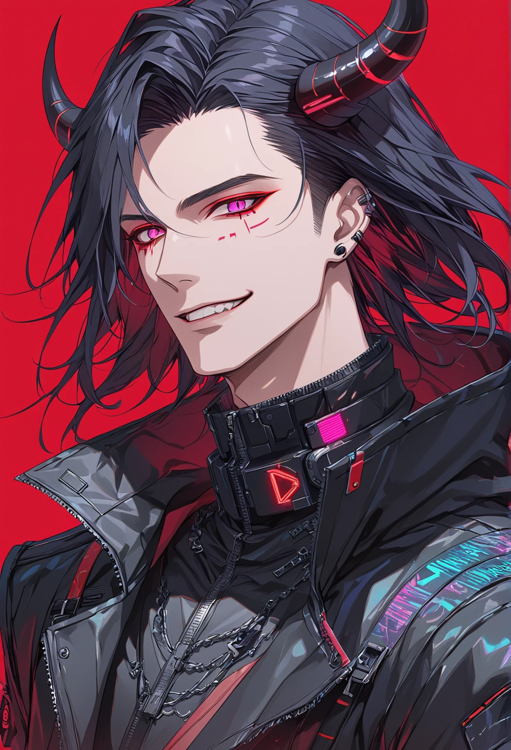 portrait, male, beauty, black hair, shaggy cut, red eyes, cyberpunk, white jumper, black hoodie, kindness, smile