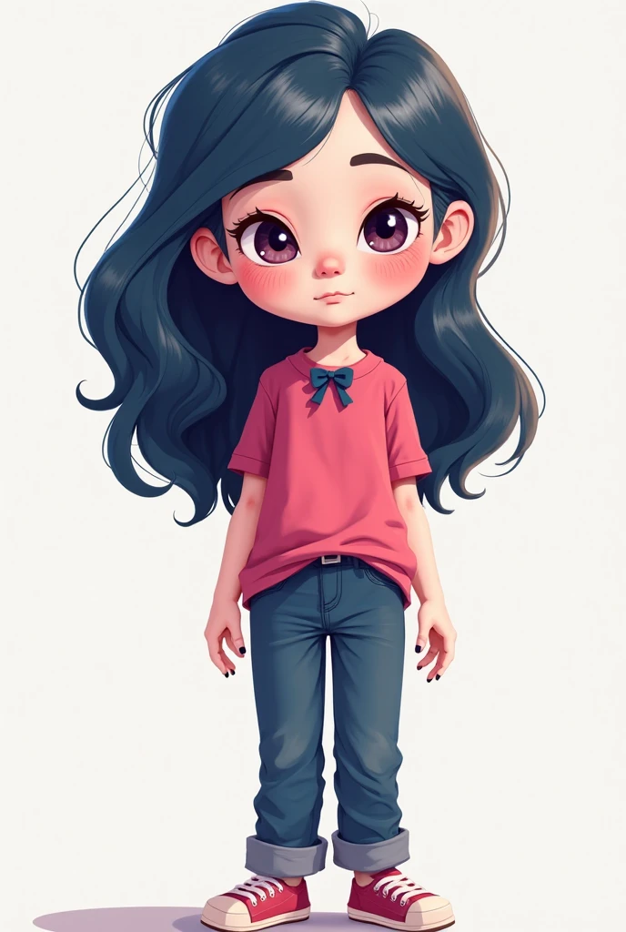 generate image of a little fat girl wearing jeans shorts ,so short that they are not even covering her thigh completely and short pink tshirt with long black hairs and beautiful pinkish feets the feets are of average size