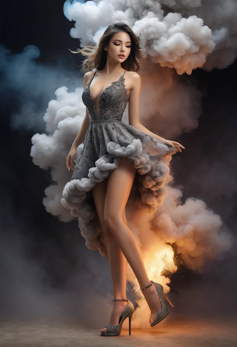 image of a {1girl stunning pose, photo_model pose, perfect proportional anatomy, girl with high heels, UHD, intricate detailed, 8k, best quality ever, masterpiece, super detailed, unleashed creativity, beyond imagination, dramatic light, gradient motion color background}, rough, massive smoke and cloud, weathered and textured
