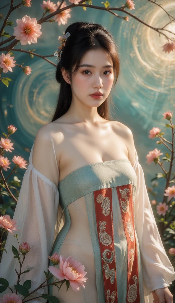A naked picture of the empress of the Qing dynasty in China, standing in front of the camera, showing her large breasts, hairy abdomen, and pubic hair.、
Her hair is tied up and pulled up with a gorgeous flower ornament on both sides.、Chinese style Qing Dynasty empress crown background on stone pavement outside the Chinese palace of the Qing Dynasty