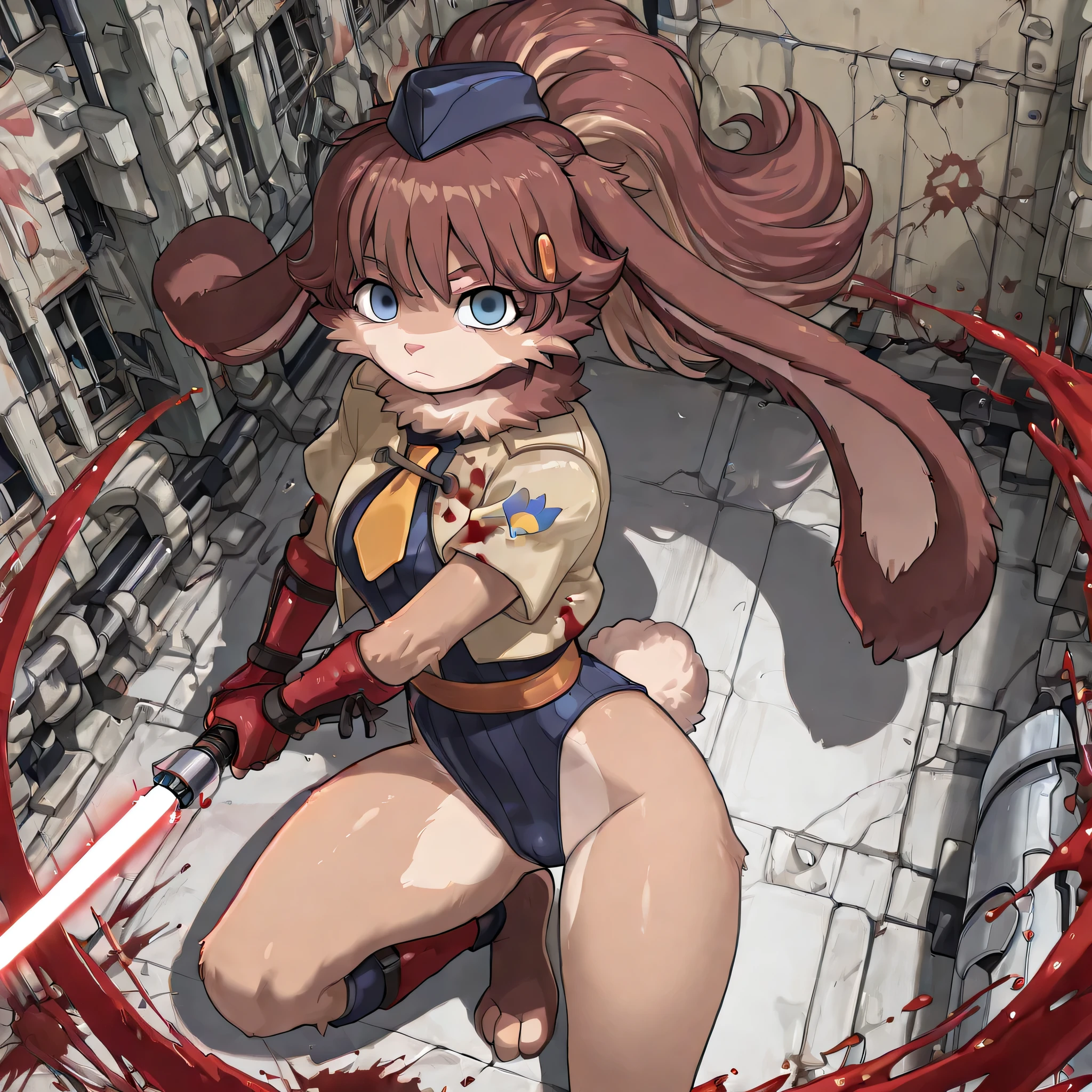 (((Masterpiece))), (((Best Quality))), ((Super Detail)), ultra-High resolution, score_9,score_8_up,score_7_up,score_6_up,score_5_up,score_4_up, BREAK, source_anime, anime screencap, uncensored, rating_explicit, Masterpiece, (best shadow), (absurdres), (detailed background), (very aesthetic), shiny, detailed beautiful eyes, outstanding, countershading, detailed soft lighting, an exquisite animation illustration, curvy, empty eyes, expressionless, blank eyes, looking at viewer, full body, emotionless, Fighting Stance, shadaloo dolls, red gloves, hat, cowboy shot, fingerless gloves, leotard, cosplay, highleg, highleg leotard, red gloves, garrison cap, dark persona, ribbed leotard, yellow necktie, (((solo, 1girl))), hair ornament, submissive pose, seductive pose, lop, rabbit girl, long hair, brown hair, ponytail, blue eyes, furry, Lopxl, anthro, rabbit girl, brown fur, fur tuft, animal feet, rabbit tail, (((holding lightsaber, light saber, slashing, apocalyptic background, furistic city background, blood splatter, blood on clothes))), looking from above, view from above, from above