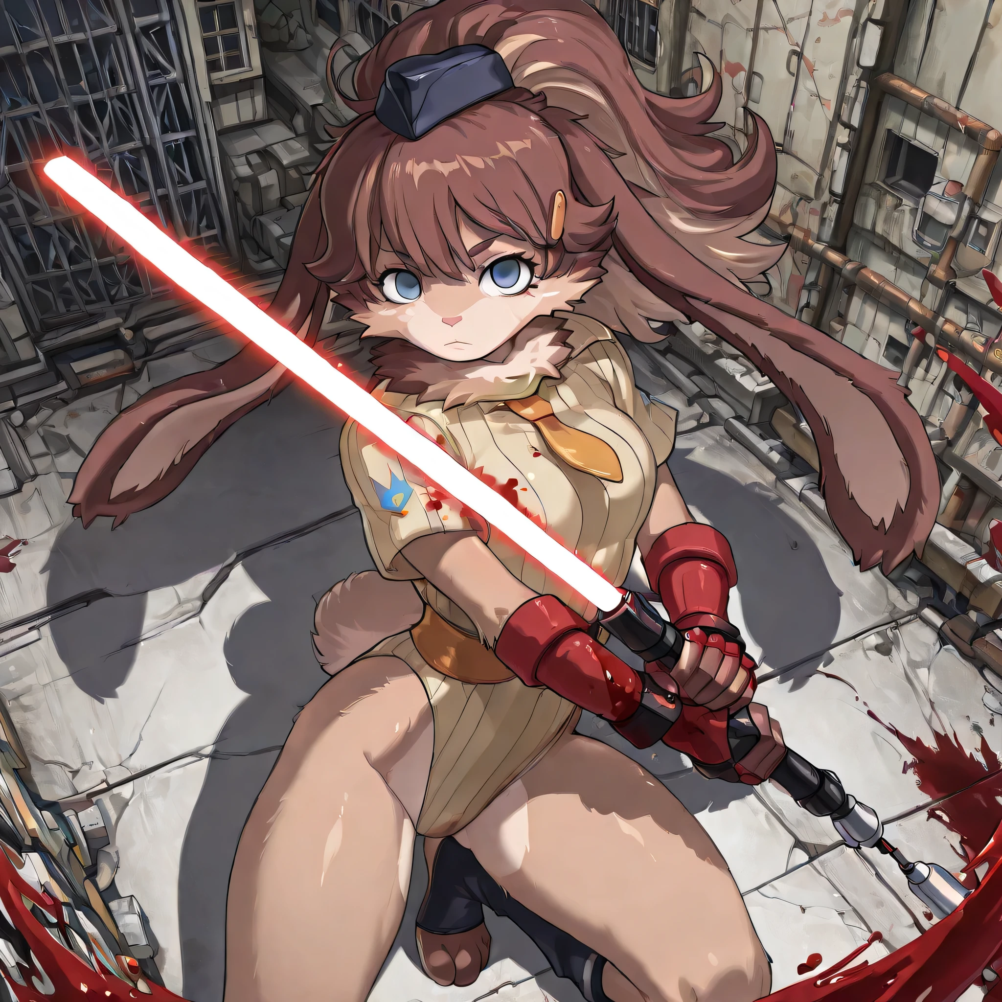 (((Masterpiece))), (((Best Quality))), ((Super Detail)), ultra-High resolution, score_9,score_8_up,score_7_up,score_6_up,score_5_up,score_4_up, BREAK, source_anime, anime screencap, uncensored, rating_explicit, Masterpiece, (best shadow), (absurdres), (detailed background), (very aesthetic), shiny, detailed beautiful eyes, outstanding, countershading, detailed soft lighting, an exquisite animation illustration, curvy, empty eyes, expressionless, blank eyes, looking at viewer, full body, emotionless, Fighting Stance, shadaloo dolls, red gloves, hat, cowboy shot, fingerless gloves, leotard, cosplay, highleg, highleg leotard, red gloves, garrison cap, dark persona, ribbed leotard, yellow necktie, (((solo, 1girl))), hair ornament, submissive pose, seductive pose, lop, rabbit girl, long hair, brown hair, ponytail, blue eyes, furry, Lopxl, anthro, rabbit girl, brown fur, fur tuft, animal feet, rabbit tail, (((holding lightsaber, light saber, slashing, apocalyptic background, furistic city background, blood splatter, blood on clothes))), looking from above, view from above, from above