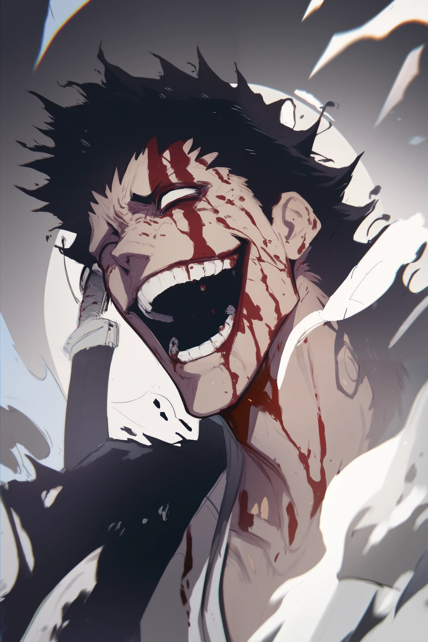 Anime art style, blood dropping face ,black hair,background clouds sky, red spiral eye pupil, sunlight,white skin colour, clean body texture,