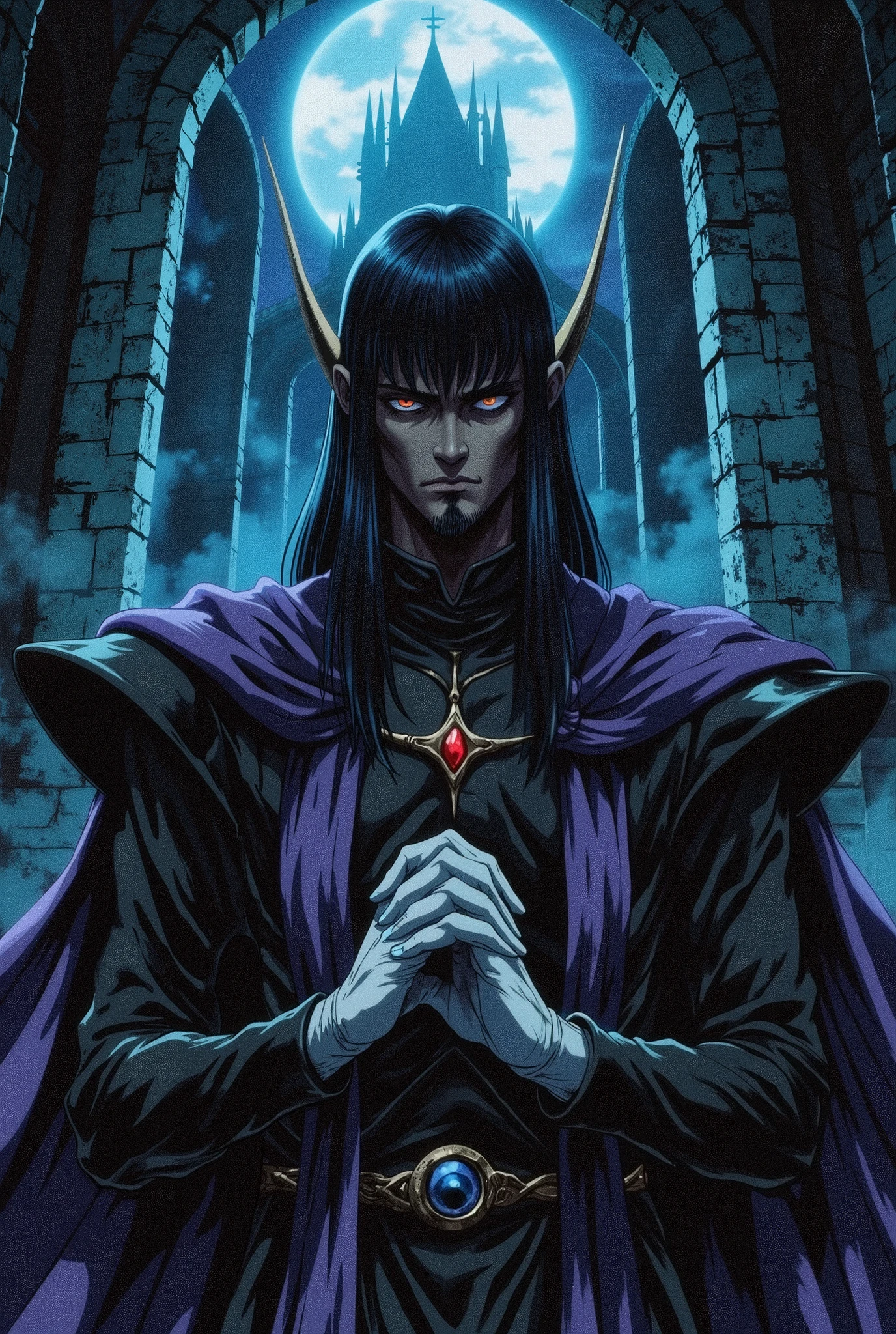 dark-skinned man, black hair cut low on the sides with long bangs covering his left eye, pointed goatee, wearing a black priest's outfit, white gloves, purple clerical stole hanging around his neck, serious, inside a Dark castle
