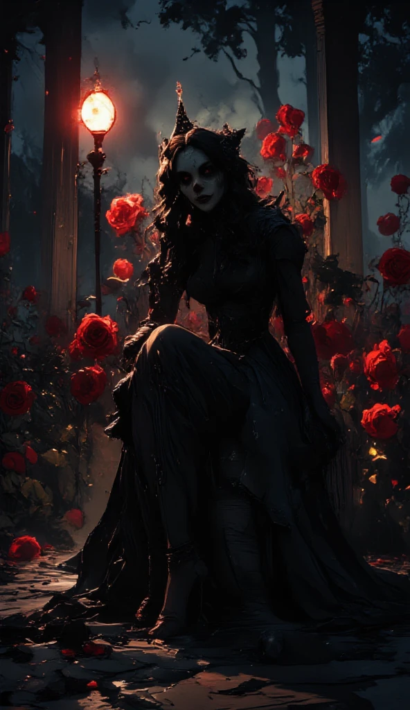 (((One bbw brunette woman))) broken heart, devastated, wind blown hair, (Eden), (pink roses) ethereal, (8K HDR 0.8) (Cinematic lighting 0.9) (Ultra-detailed and complex elements 0.7)(Broken glass effect 1.2) (murderous background 1.1) (vibrances, red, and Ebony 1.1) (crying Emotions 1.2)(Broken Glass Memories 1.2) (Blood-dripping rose thorn 1.2),glass, shattered hearts, teardrops, blood falling from eyes, covered in bloody face, bloody hair, valentines dress, blood tears dripping, bloody heart, lost soul, glowing eyes