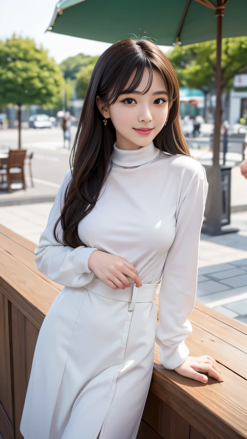 ((highest quality、8K、masterpiece:1.3))、standing、sharp focus:1.2、(realistic、Photoreal:1.37)、laughter、turn to the audience、put one's feet in front of the audience、beautiful face woman、28 years old、pointed chest、NSFW、long eyelashes、colored contact lenses、big 、Delicate、very fine eyes、highly detailed eyebrows、(sharp eyebrows)、(thin eyebrows).highly detailed face、(brunette tousled hair:1.3),Black Long Sleeve Knit Turtleneck、small necklace、((Fringed Pocket Tweed Mini Skirt))、((Thin and transparent pantyhose:1.4))、beautiful thighs、from below、detailed background(8K、masterpiece、highest quality、Raw photo)、Knee-high boots、Touching the thigh、spread legs、art gallery,(shining smile:1.5)