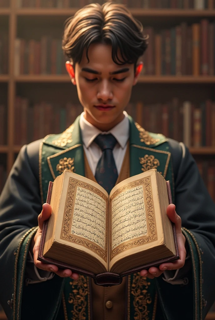 A boy with a small beard, black hat and black robe reading a book