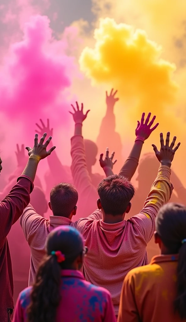 A photo of a group of people in India joyfully throwing vibrant colored powders during a Holi celebration, captured with a DSLR camera and a wide-angle lens, using vivid festival colors, and an exuberant cultural event photography style.