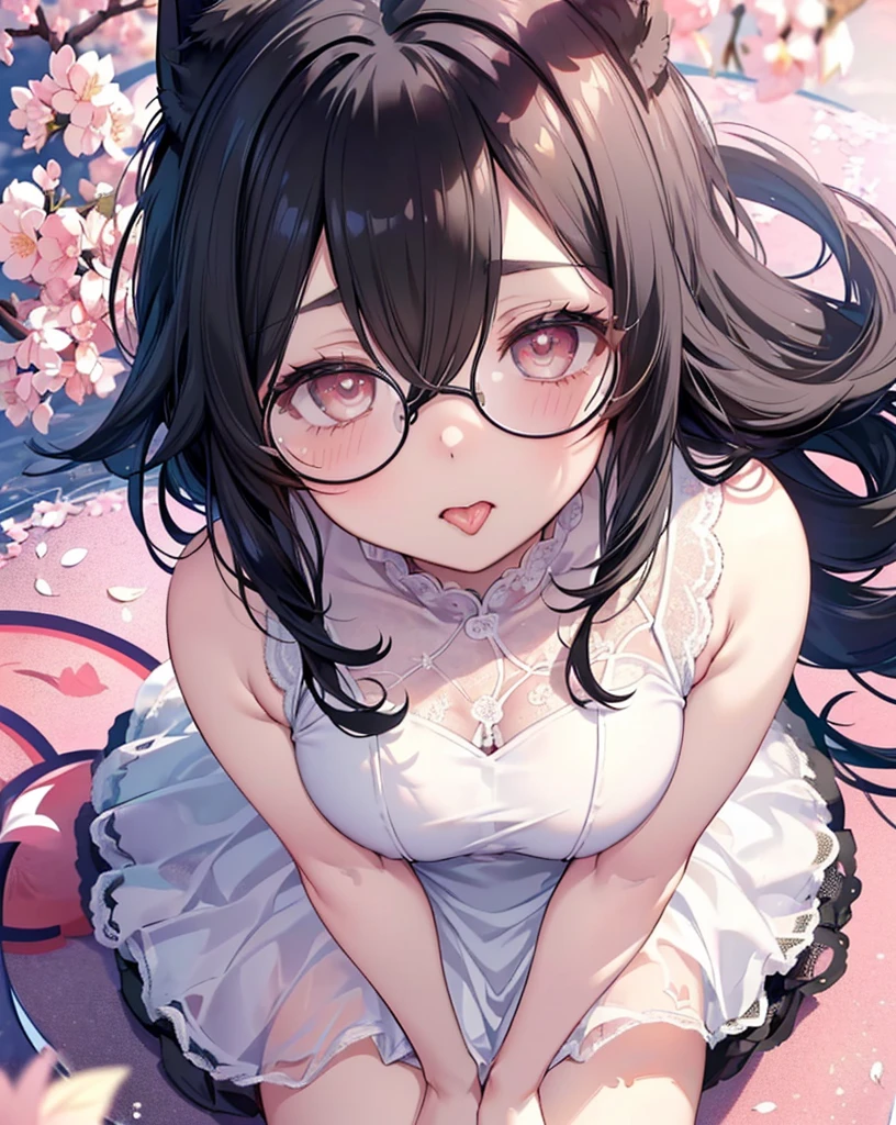 Very detailed, highest quality, High resolution, Moe Anime, ((Cute girl with black hair and droopy eyes)), ((Wearing large round glasses:1.4)), (Baby Face), Cute eyes, Detailed eye depiction, Sparkle in the eyes, View your viewers, Pale skin, (Big eyes:1.4, Droopy eyes:1.4, Fatty face:1.4), smile, Focus on the face, In the park with cherry blossoms falling, Sitting, (Extreme close up of tongue), (((From above))), Open your mouth, (((Face only:1.3))), ((white lace sleeveless dress)), Bright Eyes, Light from the front, (Put your hands between your legs:1.4), large and long tongue, Cleavage, Braided hairstyle