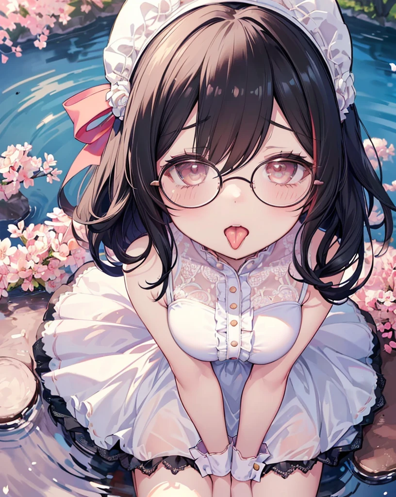 Very detailed, Highest quality, High resolution, Moe Anime, ((黒髪でDroopy eyesの可愛い女の子が前かがみになっている)), ((Wearing large round glasses:1.4)), (Baby Face), Cute eyes, Detailed eye depiction, Eyes sparkling, View your audience, Pale skin, (Big eyes:1.4, Droopy eyes:1.4, Torogao:1.4), Focus on the face, In the park where cherry blossoms are falling, Cherry blossom petals all over the ground, Sitting, (Extreme close up of tongue), (((From above:1.2))), (Please open your mouth wide:1.5), (((Face only:1.3))), ((Sheer lace sleeveless dress)), Bright Eyes,  (Put your hands between your legs:1.4), large and long tongue, Cleavage, ribbon, ((Nipples are visible through the fabric)), (Braided hairstyle:1.4), ((nsfw))