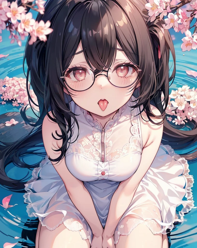 Very detailed, Highest quality, High resolution, Moe Anime, ((黒髪でDroopy eyesの可愛い女の子が前かがみになっている)), ((Wearing large round glasses:1.4)), (Baby Face), Cute eyes, Detailed eye depiction, Eyes sparkling, View your audience, Pale skin, (Big eyes:1.4, Droopy eyes:1.4, Torogao:1.4), Focus on the face, In the park where cherry blossoms are falling, Sitting, (Extreme close up of tongue), (((From above:1.2))), (Please open your mouth wide:1.5), (((Face only:1.3))), ((See-through white micro bikini)), Bright Eyes, (Put your hands between your legs:1.4), large and long tongue, Cleavage, ribbon, ((Nipples are visible through the fabric)), (Braided hairstyle:1.4), ((Petite)), ((Young)), ((nsfw))