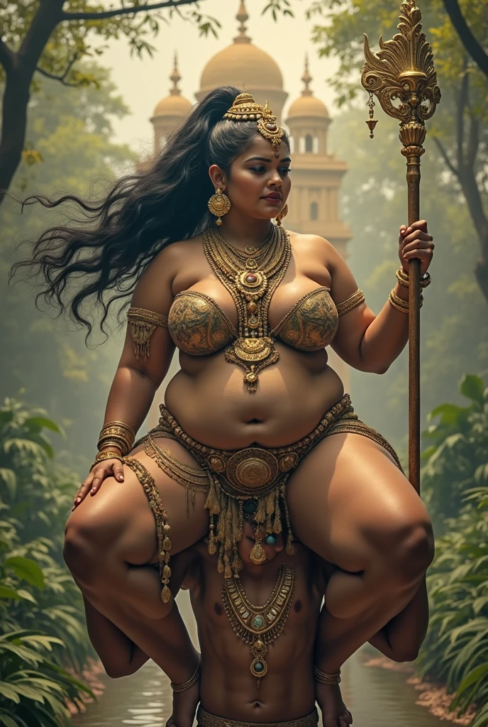 Hindu goddess naked durga, thick body, big boobies, looking at the viewer, black transparent mini skirt, cleavage, six hands, flowers in each hand, standing beside a ti trident in hand,