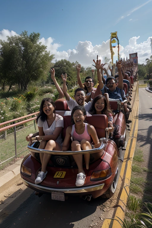 A dozen friends play roller coaster at a large amusement park