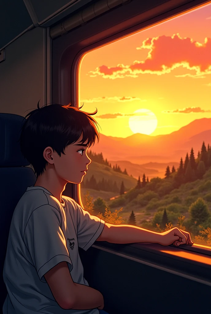 The careless boy sit in bus and seeing the outside to the window form bus in high altitude point mountain view sunet