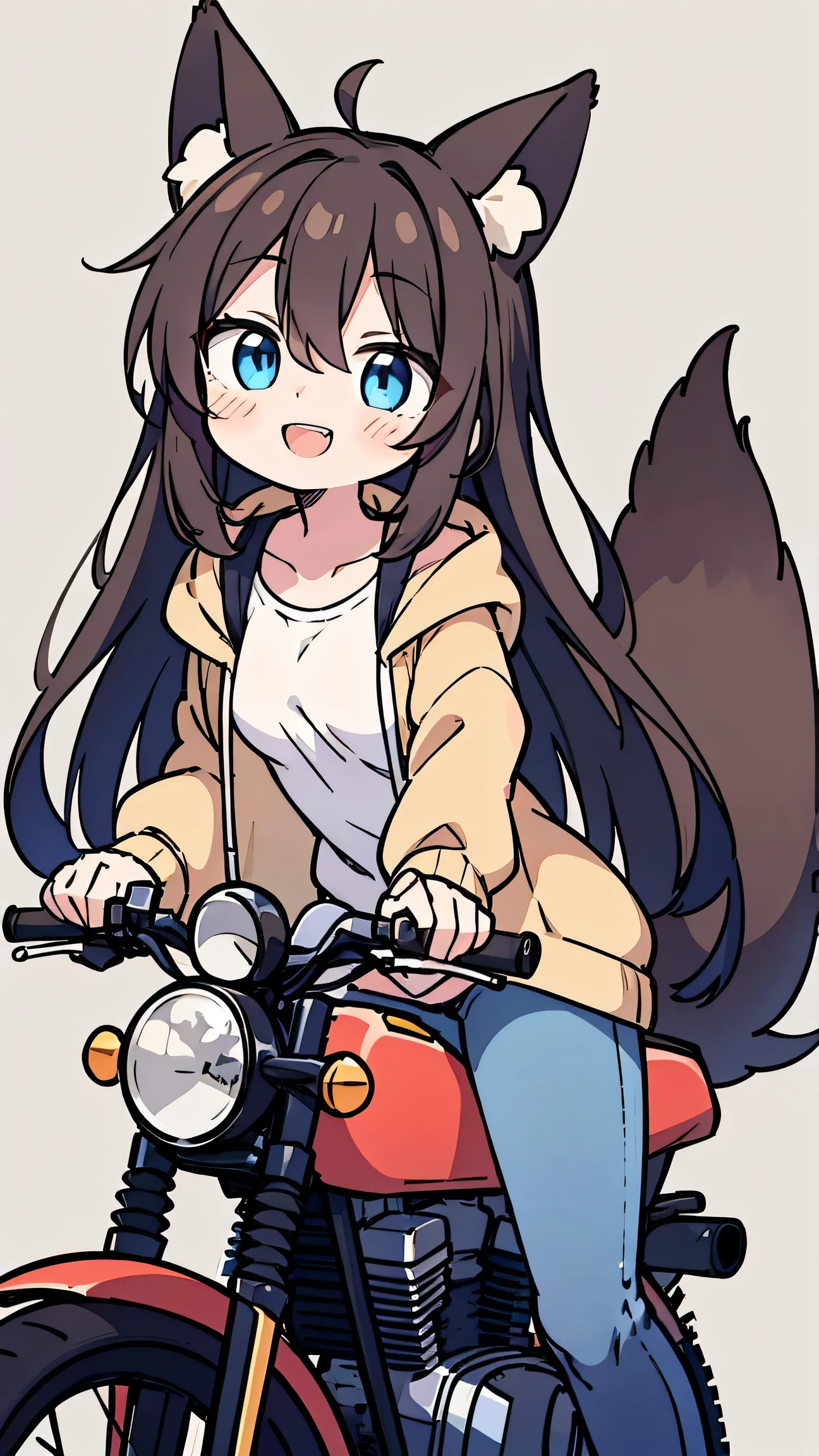 anime style、 cute face、 woman、 fox ears、brown hair、tail、 blue eyes、 long hair、 beige jacket 、jeans、smile、 double teeth、simple background、riding a motorcycle