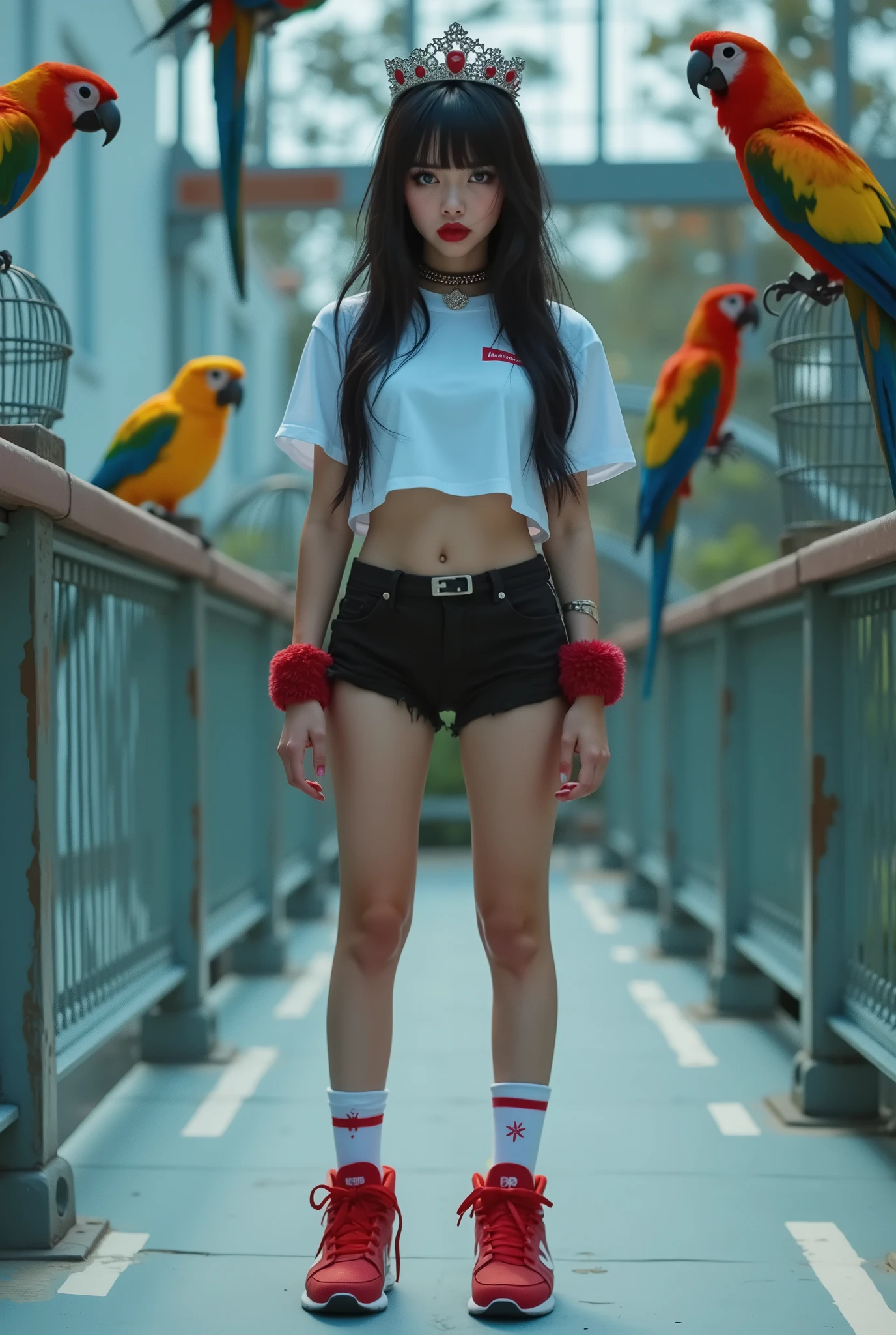 ((RAW Photo), Absurdities, (Absurd Resolution)), (Masterpiece, Best Quality), ((Hyperrealism)), (Bright Pink Pupil, Sharp Pupil), ((Realistic Style)), ((Beautiful Shapely Girl, 21 Years Old)), ((Outfit: Tiny Tight Shorts, Socks, Cropped T-Shirt With Sleeves, Ankle Bracelets, Red Sneakers, Plush Tiara)), (Standing On A Super Modern Terrace, Between Cages Of Colorful Birds), ((Angry Look)), ((Front View, Photographic Perspective)). «SunPuma S»