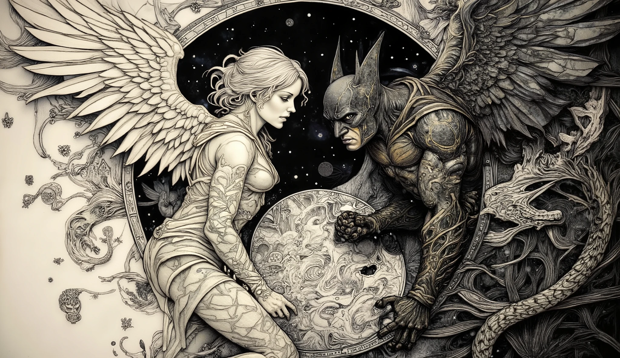 Superan illustration of an angel and demon fighting within a stylized yin-yang symbol by M.C. Escher, intricate ink drawing showing the balance of good and evil with the figures morphing into each other with impossible geometry, stark black and white contrast, solemn determined expressions, dramatic side lighting highlighting the textures of feathers and scales, mystical esoteric atmosphere --v 5 --stylize 1000man e Batman em arte lego, noite