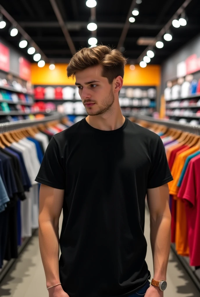 ombre brunette slim handsome young man taking selfie realistic, in a shopping center, high quality background