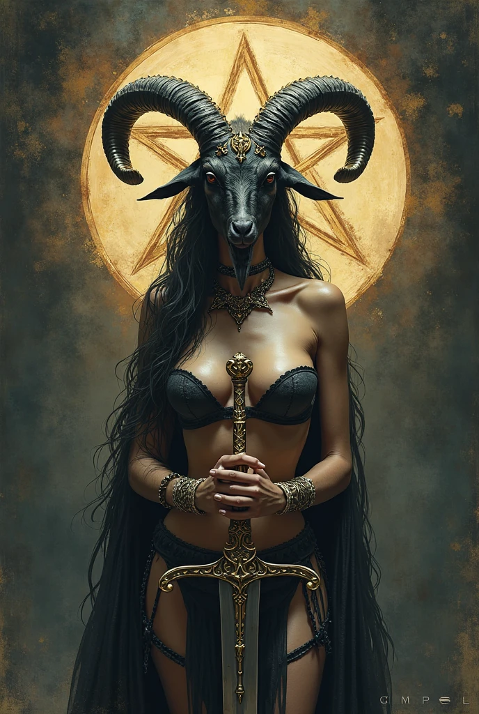 topless girl,, barbarian, alien, satanic, Pentagram, Baphomet
