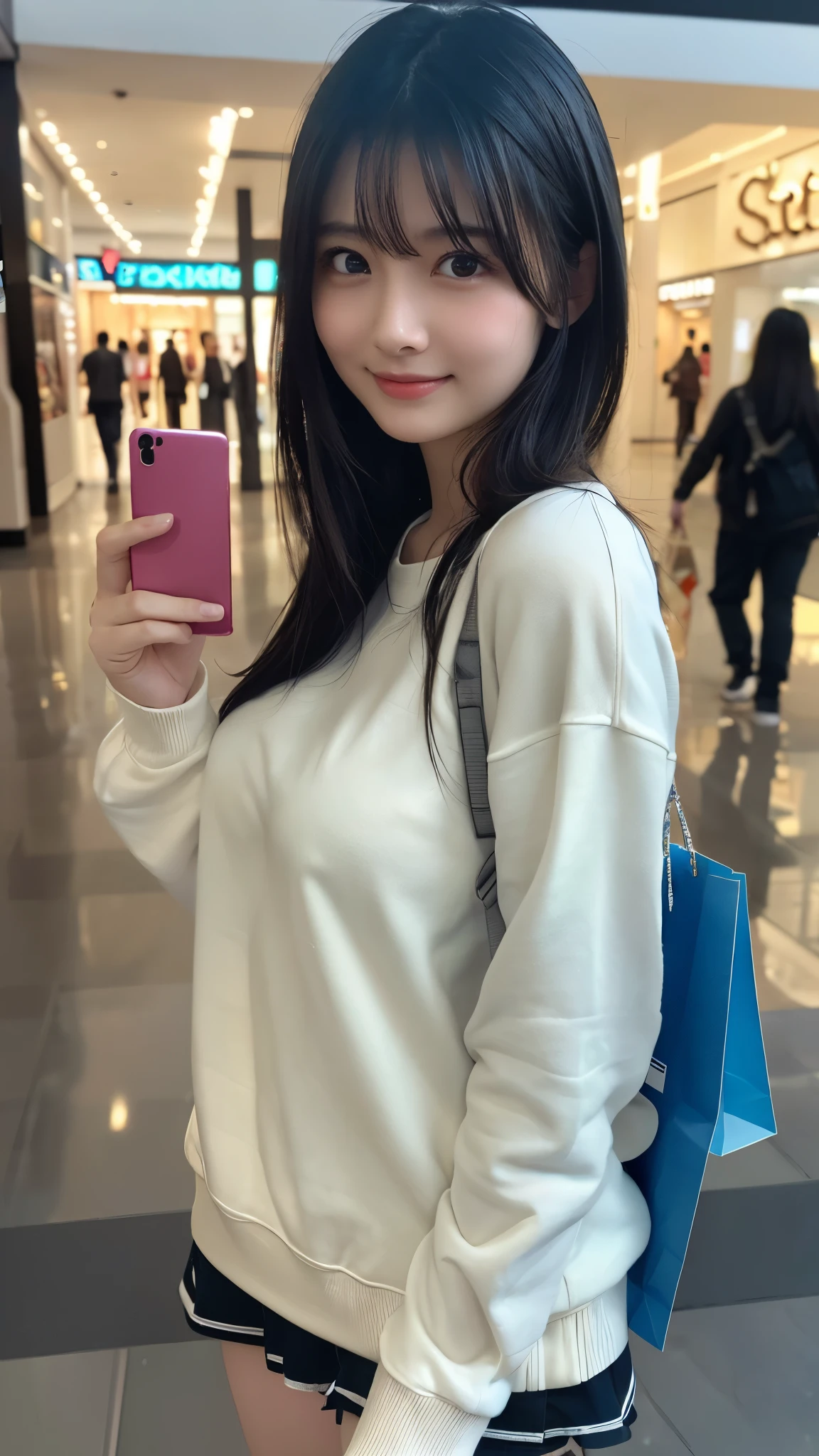 ((shopping mall:1.2)),Lewd smile,(Realistic,Realistic:1.37),(masterpiece),
(Highest quality:1.4),(Ultra-high resolution:1.2),(RAW Photos:1.2),
(Sharp focus:1.3),(((upper body,standing:1.2))),elegant,(Whole Body Ezbian:1.2),
(Girl in sweat shirt,holding a phone:1.3),bangs,
Very beautiful Japanese girl,(A faint smile:1.3),(long hair,Makes hair shine:1.3),
Shooting from avove,Beautiful and delicate eyes,View your audience,
medium breasts,