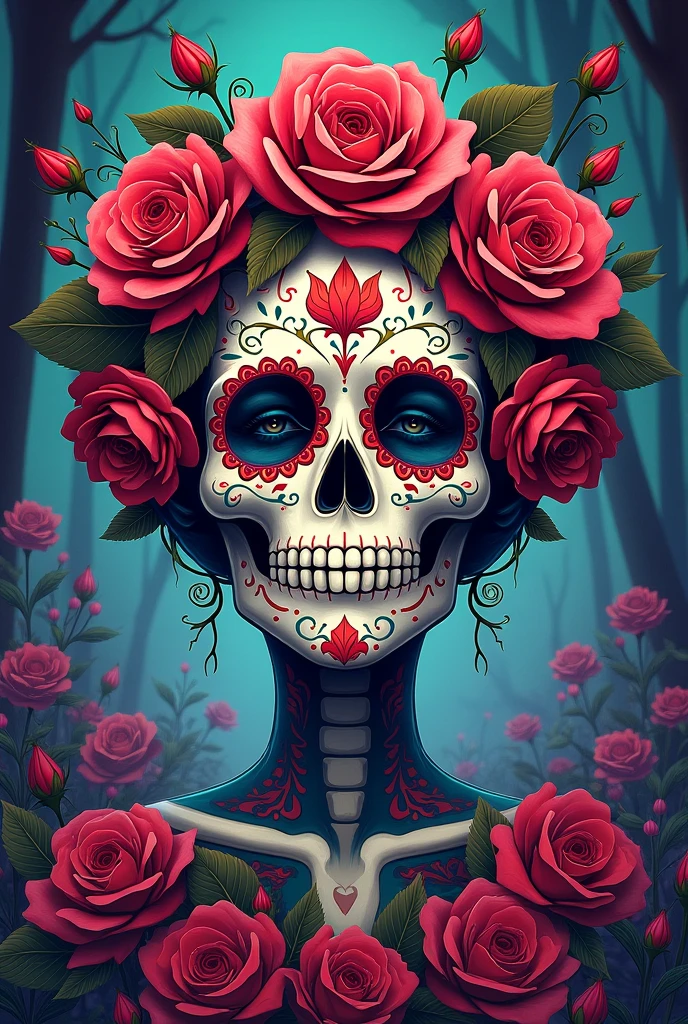 The image shows a sculpture of a frontal sugar skull with a bluish tint, looking directly at the camera with an enigmatic expression. The skull has designs of roses and thorns as if they were tattoos, which cover its entire surface. The skull also has 3D flowers on the forehead and sides, which stand out for their realism and contrast. On the forehead, there is a frosted and cold red rose, which symbolizes love and passion. ♥ --auto --s2
