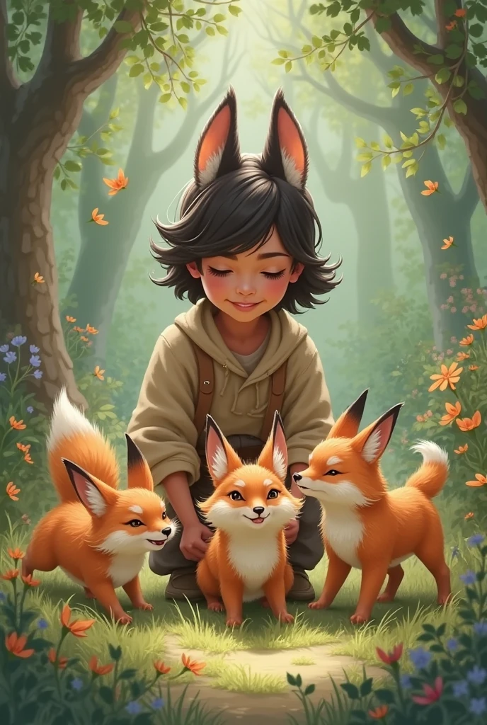 2 girls and 1 boy helping an injured fox in the forest
