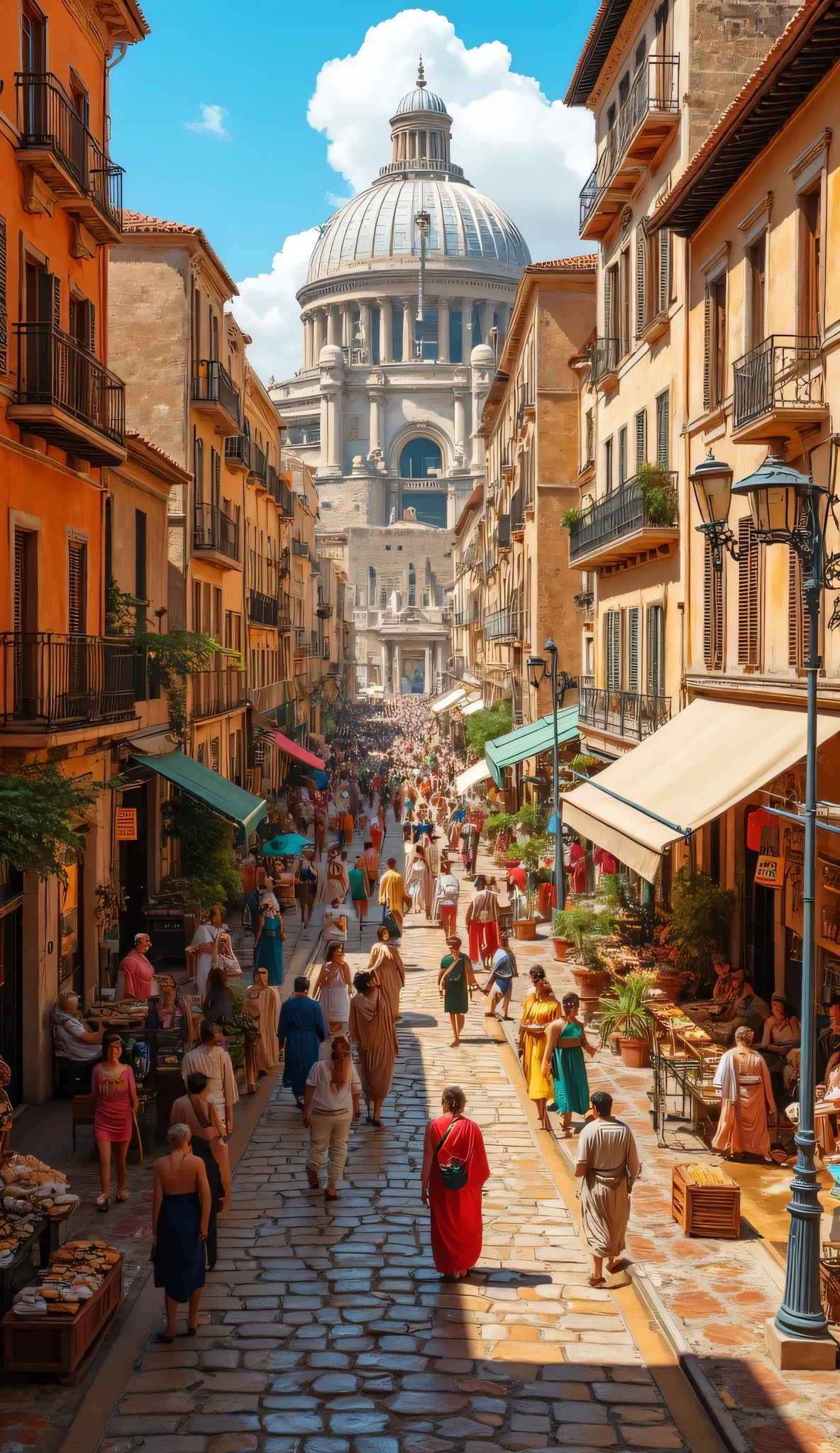 **Prompt:** During ancient rome era. As a historian wandering through the lively streets of ancient Rome, immerse yourself in the vibrant atmosphere of the insula buildings—multistoried apartment complexes that housed the city's diverse populace. Paint a picture of the colorful facade adorned with terracotta tiles and intricate frescoes, while the sun casts playful shadows in the bustling alleys. Listen to the lively chatter of citizens negotiating in the marketplaces, their voices mingling with the cries of vendors peddling fruits, herbs, and handcrafted wares. Let the rich scents of spiced meats and fresh bread waft through the air as you pass by taverns filled with laughter and camaraderie. As you navigate through this carefully planned city, take note of the striking Greco-Roman architecture, with its tall columns and meticulously designed arches, each telling a story of ambition and artistry. Consider the untold narratives hidden within the walls of these structures—what dreams and struggles do the residents hold? Perhaps you encounter a scholar discussing philosophy with a merchant, or an artist demonstrating their craft to an eager crowd. Capture this extraordinary experience in vivid detail, akin to a National Geographic photograph, where the blend of BronzePunk innovation and SandalPunk tradition brings a fantastical yet authentic lens to the past. How does this unique blend of culture and creativity transform your understanding of an ancient civilization? Reflect on the insights and emotions stirred within you as you embrace the heart of Rome at the pinnacle of its glory.