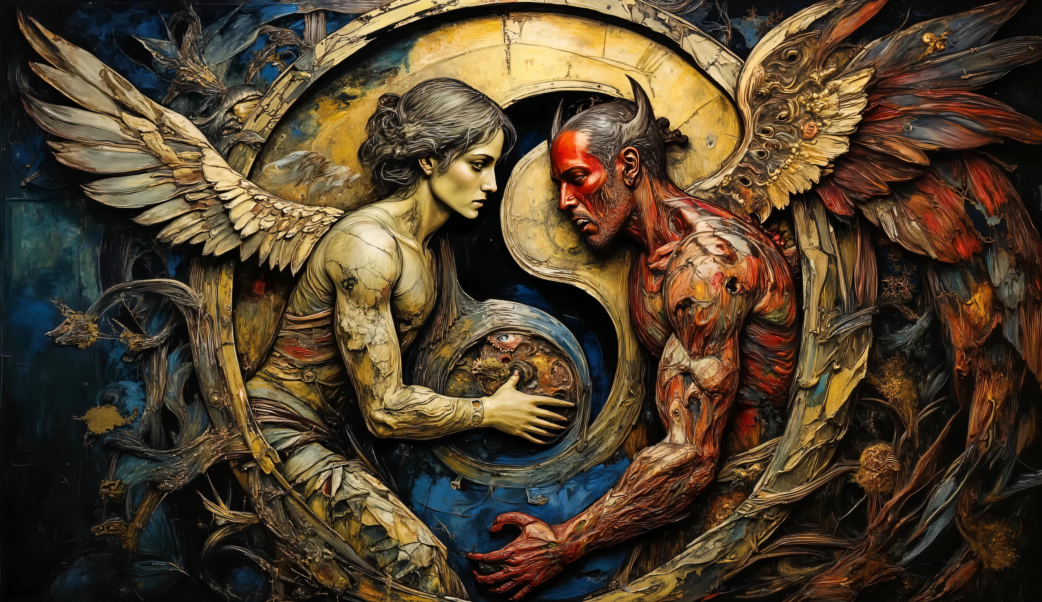 an oil painting of a divine angel and fallen demon intertwined in combat creating a yin-yang pattern by Hieronymus Bosch, detailed figures with anatomical precision forming a perfect circle of balance, rich gold and crimson hues contrasted with deep midnight blues, faces showing ecstasy and agony, dramatic chiaroscuro lighting illuminating the symbolic struggle, tense metaphysical atmosphere --v 5 --stylize 1000