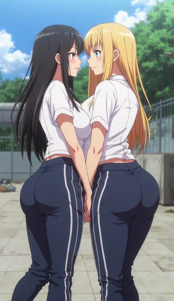Super detailed、Highest quality、Best image quality、masterpiece、8K、(shoulder-length blonde hair、Medium Long Hair)、(laugh:1.3) 、(cheerful)、(tareme)、(big eyes)、(Beautiful shining eyes)、(High Detail Anime Eyes)、(puffy eyes)、(Big Tits:1.5、topless:1.3)、((SFW Huge Body))、(((Rear View)))、Cowboy Shot、(Thong、カルバンクラインThong、ckundies)、(Two women stand side by side with their butts facing the viewer.:1.5)、(Beautiful ass)