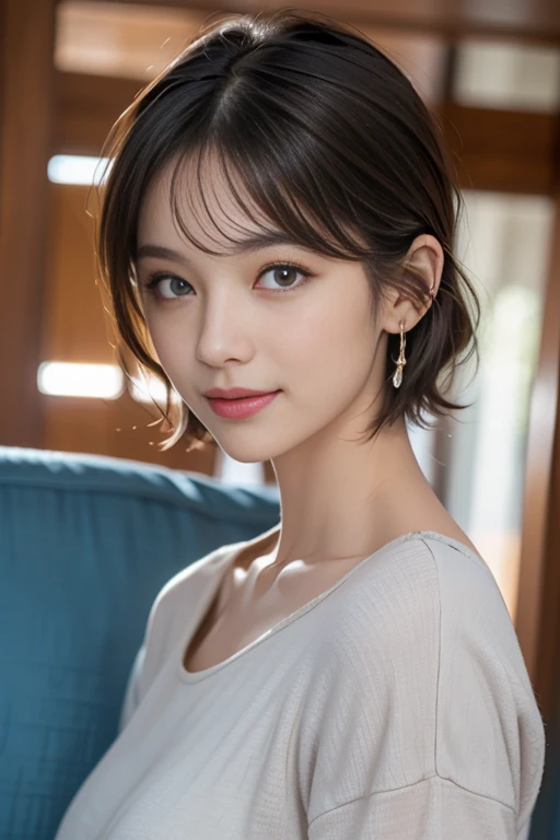 Woman in her early 30s、Dark brown hair、short hair、simple((masterpiece、highest quality、Very detailed、High resolution、Realistic、Sharp focus、Cinema Lighting))、(1 girl)、Bust Shot、Beautiful Face、Realistic Face、(Black Hair、Boyish short hair、Cut out)、Beautiful hairstyle、Realistic eyes、Fine and beautiful eyes、Realistic Skin、Beautiful Skin、sweater、Confused、charm、Golden Pixie Cut Maste Piece, highest qualityの, High freshness)), One girl, (It's photorealistic: 1.4), 服Autumn Clothes、Berry short hair、Light Hair、Hair with movement、Berry Short、Extremely short hair、Solo, Background whiteい, Pure white background, A happy smile, A happy smile, Beautiful Black Hair, Short Hair, Big eyes, Clear double eyelids, False eyelashes, Sticking out ears, Long neck, Long neck, ?????? enhancement, (Draw the whole head,), 19 year old, Charming proportions, Shiny skin, Beautiful collarbone, Golden ratio face, Perfect Face, Teardrop Mole, Mole on ?????, Bangs, Beautiful bangs, Beautiful bangs, Lip gloss, Thin lips, Fair and shiny skin, Small ???????、 same, Small Face, Small Face, All heads are painted, The shoulders are all drawn, Looking slightly above the camera？？Hair Catalog、Background white、?????? enhancement、Autumn Clothes、knit、Angle of view: ?????? enhancement、Hair Model、?????? enhancement、Photo of Hiki、High neck clothing、Very short hairVery shortVery shortVery short hair、Short hair up to the lip line