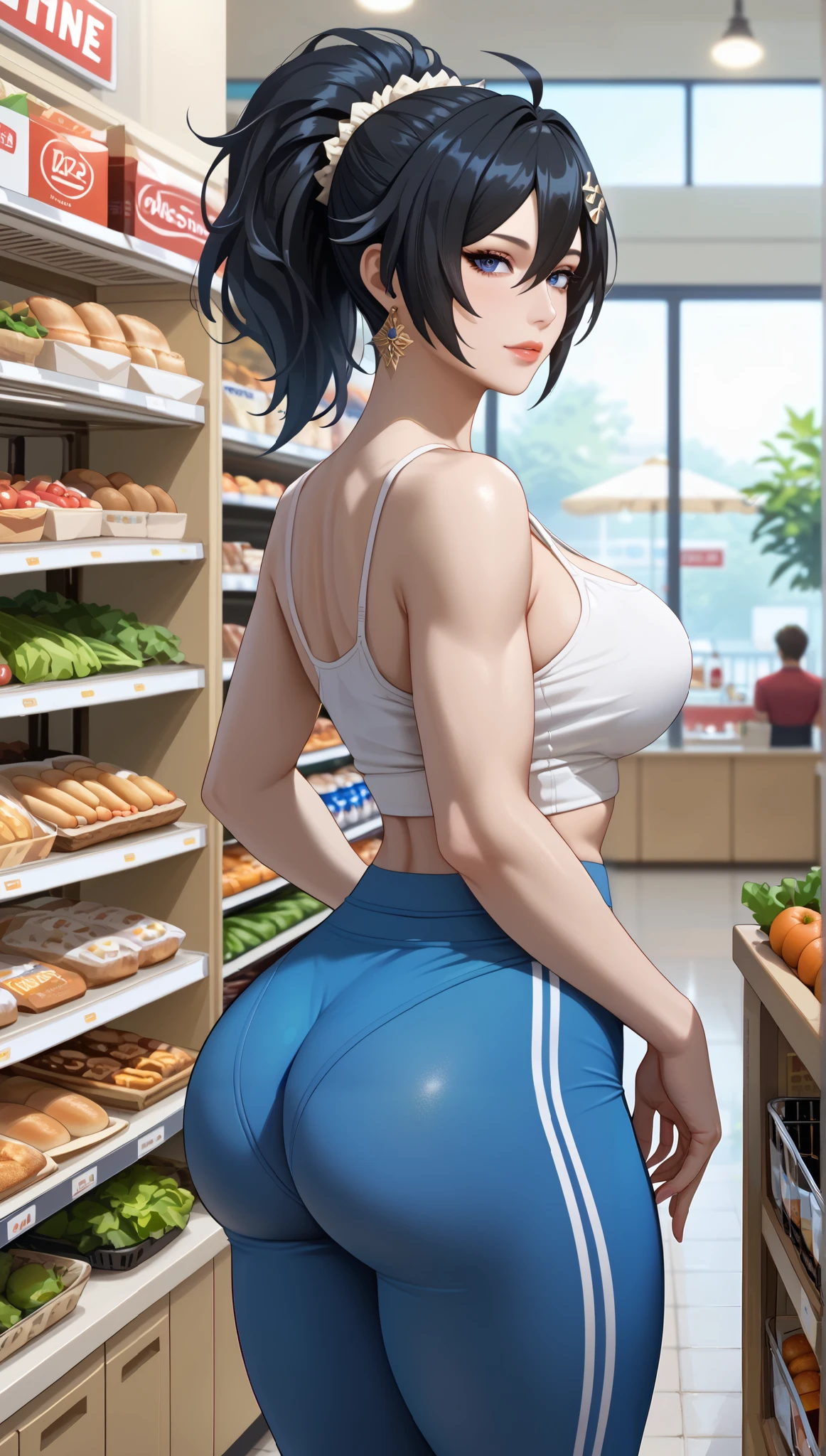 (masterpiece, best_quality:1.2), 1girl, solo, mature female, Zhu Yuan Zenless Zone Zero, black hair, ponytail, (housewife:1.5,), beautiful eyes, female focus, looking at viewer, medium breast, thick thighs, wide hips, ((solo)) detailed, very high resolution, no blurry image, beautiful, elegant, intricate details, detailed background, standing, wearing a blue yoga pants, white tank top, at the grocery store, side shot, perfect athletic ass 