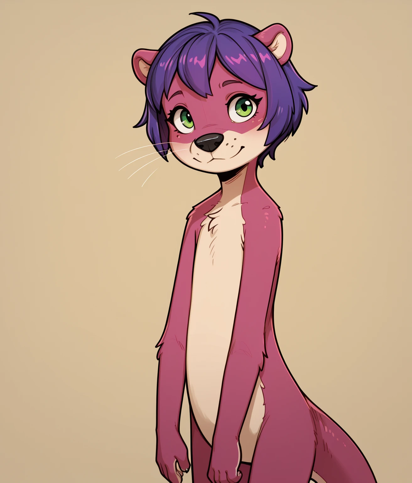 score_9, score_8_up, score_7_up, solo, green eyes, standing, tail, j3lly_otter,
animal ears, animal nose, purple hair, short hair, two-tone fur, otter, furry, black eyes,