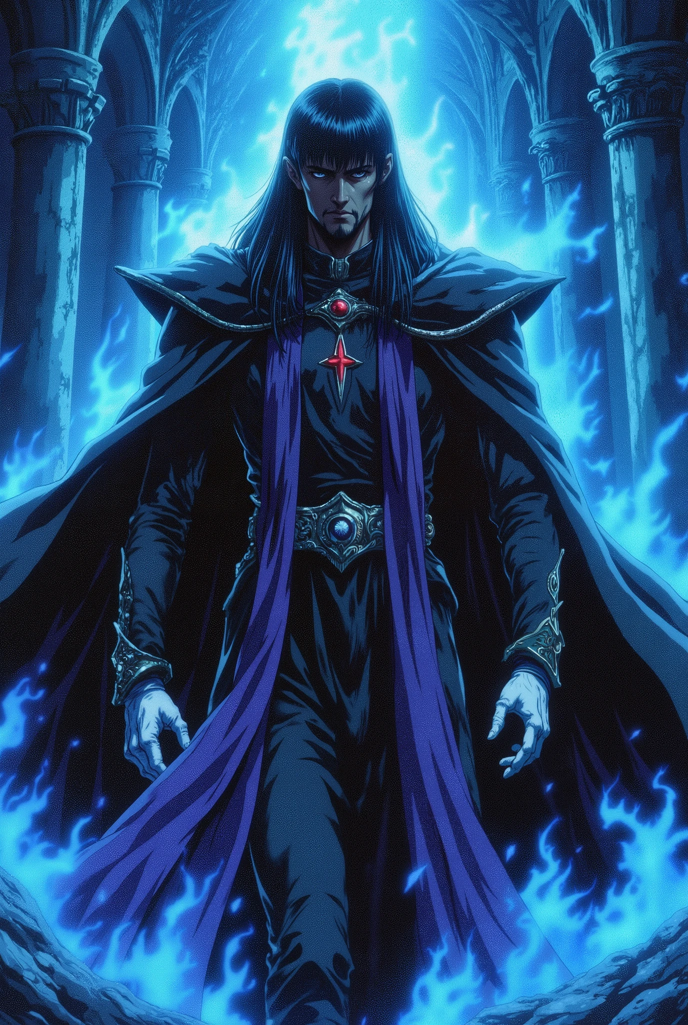 dark-skinned man, black hair cut low on the sides with long bangs covering his left eye, pointed goatee, wearing a black priest's robe, white gloves, purple clerical stole hanging around his neck, serious, walking amidst blue flames in a castle