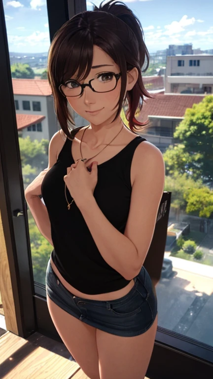 {{{masterpiece}}}, {{{highest quality}}}, {{Super detailed}}, {figure}, {{very delicate and beautiful}}, (highest quality, 8K, 32k, masterpiece, UHD:1.2),Photos of beautiful Japanese women, highest quality, , highest quality, realistic, unity, 8K wallpaper, official art, highly detailed background,1 girl,((boyish)),13yo, beautiful teeth,alone,short hair, Multi-hair color,(baseball cap:1.1),Misaligned red glasses,earrings,(dull bangs:1.2),looking at the viewer, (smile:1.3),(high definition skin),realistic body,((bend over)),( small breasts),(:1.1), pretty girl, famous japanese idol,down blouse,loose t-shirt,,(low visibility), leaning forward,bright room
