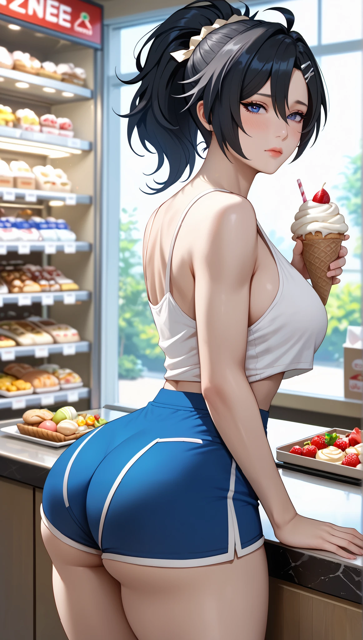 (masterpiece, best_quality:1.2), 1girl, solo, mature female, Zhu Yuan Zenless Zone Zero, black hair, ponytail, (housewife:1.5,), beautiful eyes, female focus, looking at viewer, medium breast, thick thighs, wide hips, ((solo)) detailed, very high resolution, no blurry image, beautiful, elegant, intricate details, detailed background, shy face, blush, standing, wearing a blue shorts, white tank top, at the ice cream shop, side shot, perfect athletic ass