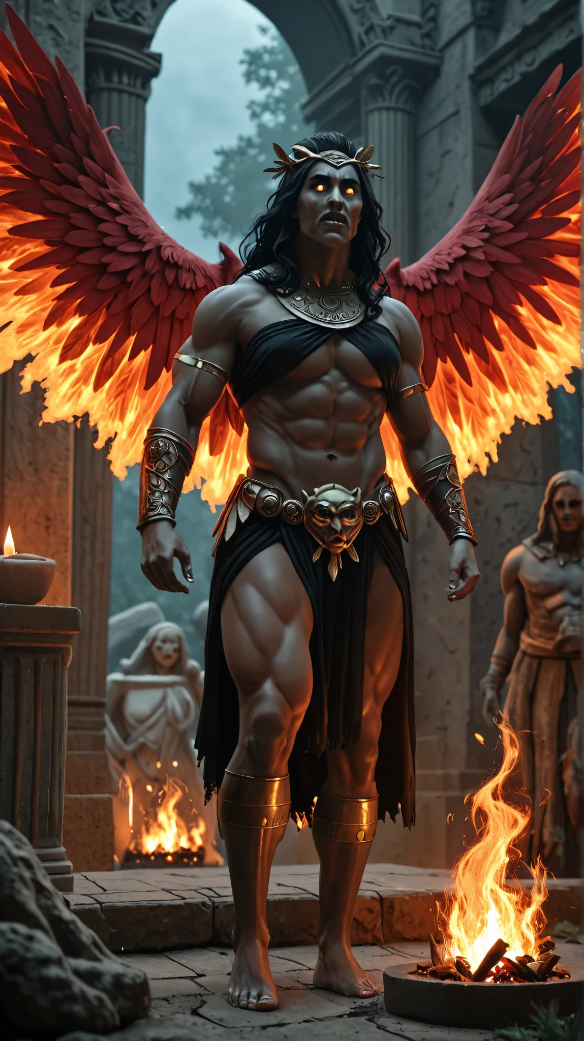 Bael - (1) Alluded to being the first monarch of Hell's Eastern Regions. Male. (2) 66
Legions of Infernal Spirits. (3) A demon cited in the Grand Grimoire and head of infernal powers. It is with him that Wierius commences his inventory of the famous Pseudonomarchia Daemonum. He has three heads, one, that of a crab, another that of a cat, and the third that of a man.((best quality)), ((masterpiece)), ((inked)), majestic intricately detailed soft oil painting by jim lee from diablo of a horrifying naked red-skinned demon king standing in fire,( in hell:1.2), detailed monstrous evil winds and tempests, (wide spread bat like wings:1.2), scaly skin, (goat legs, ram horns:1.2), long curved horns, burning hellish landscape, barren, billowing smoke, tortured souls, (sparks:1.3) (extreme facial close up shot), deep shadows, dynamic angle, professional, soft lighting, photographed on a Canon EOS R5, 50mm lens, F/2.8, HDR, 8k resolution, highres, high detail, sharp focus, smooth, roughness, real life, photorealism, photography,cinematic Film still from (cannibal holocaust) --auto --s2