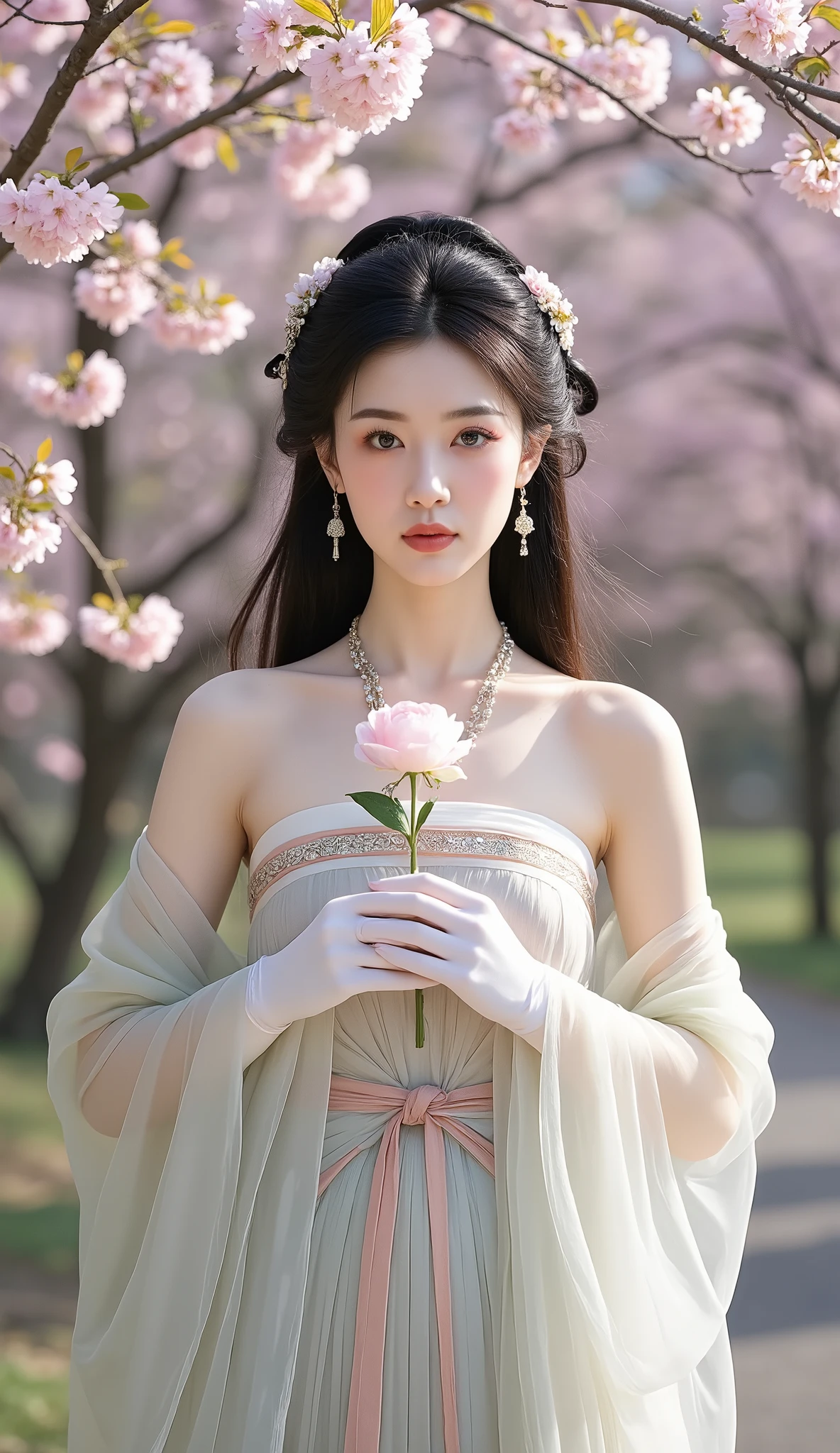 sakura,Hanfu,1 girl, (Low-key style: 1.5), bangs, Lips, skirt, long hair, blue eyes, thigh, strapless, Low-key style Chinese skirt, Chinese clothing, Lipstick, Realistic, Rose, Jewelry, earrings, curls, flower holding, Gloves, elbow Gloves, white Gloves, cosmetic, 白色thigh , Black Haired Big Wave, flower, stands,