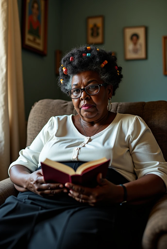 (Old Mexican librarian character), (curvaceous figure), large breasts, large waist, wearing a short skirt, surrounded by shelves filled with aged books, warm, inviting lighting, cozy atmosphere, vintage library vibe, warm tones, ultra-detailed, expressive facial features, framed by glasses, engaged in reading a book, full of wisdom and charm.