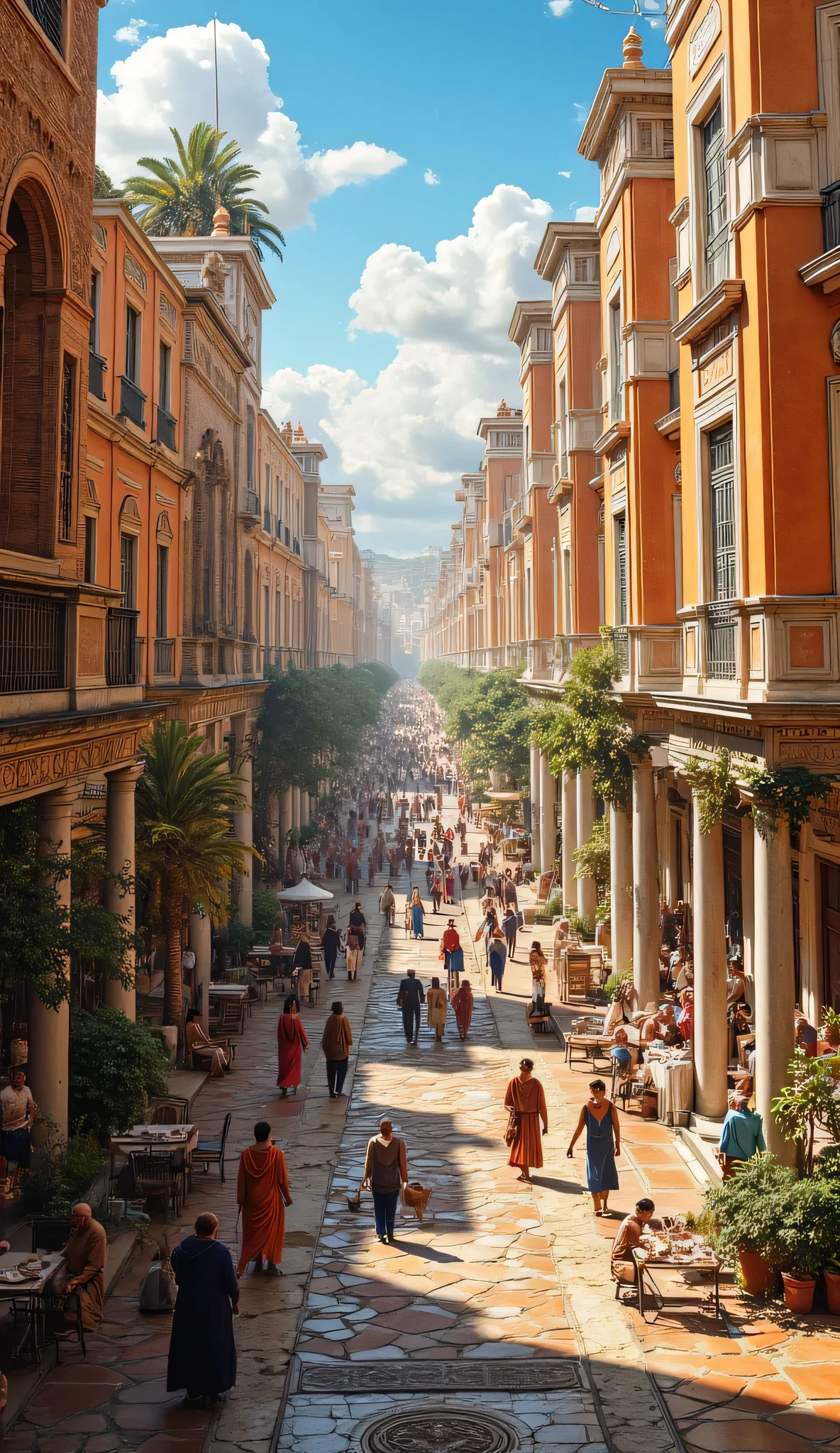 **Prompt:** During ancient rome era. As a historian wandering through the lively streets of ancient Rome, immerse yourself in the vibrant atmosphere of the insula buildings—multistoried apartment complexes that housed the city's diverse populace. Paint a picture of the colorful facade adorned with terracotta tiles and intricate frescoes, while the sun casts playful shadows in the bustling alleys. Listen to the lively chatter of citizens negotiating in the marketplaces, their voices mingling with the cries of vendors peddling fruits, herbs, and handcrafted wares. Let the rich scents of spiced meats and fresh bread waft through the air as you pass by taverns filled with laughter and camaraderie. As you navigate through this carefully planned city, take note of the striking Greco-Roman architecture, with its tall columns and meticulously designed arches, each telling a story of ambition and artistry. Consider the untold narratives hidden within the walls of these structures—what dreams and struggles do the residents hold? Perhaps you encounter a scholar discussing philosophy with a merchant, or an artist demonstrating their craft to an eager crowd. Capture this extraordinary experience in vivid detail, akin to a National Geographic photograph, where the blend of BronzePunk innovation and SandalPunk tradition brings a fantastical yet authentic lens to the past. How does this unique blend of culture and creativity transform your understanding of an ancient civilization? Reflect on the insights and emotions stirred within you as you embrace the heart of Rome at the pinnacle of its glory.